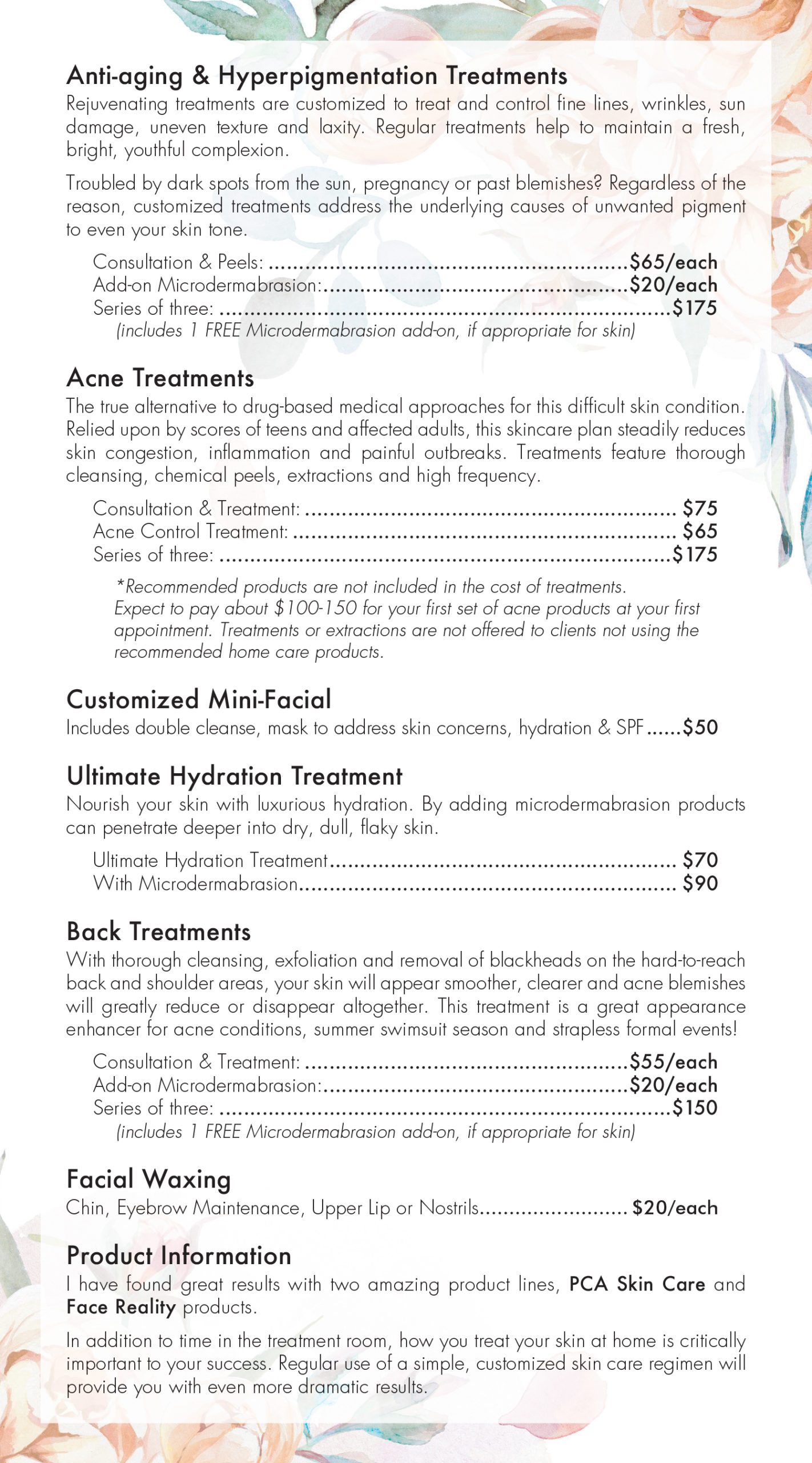Corefact | Other Clients | Skin Care Services Menu